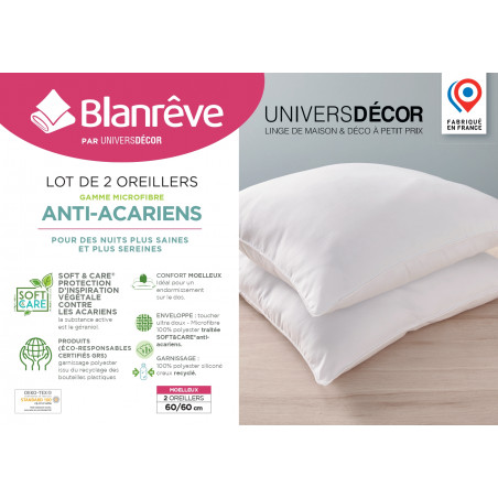 Lot de 2 oreillers 60 x 60 cm Blanrêve Gamme "Douceur" traité Anti Acarien Soft & care
