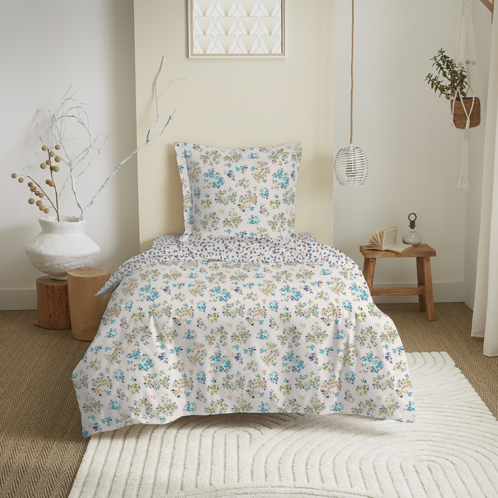 GAMUSI Parure De Lit 3 Pièces 100% Coton - Lit 90x190/200cm - Couleur Eau - Respirant Et Doux