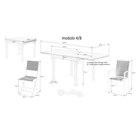 Salon de jardin Ensemble Modulo T 4 / 8  + F 4 Full Alu Gris Wilsa Garden