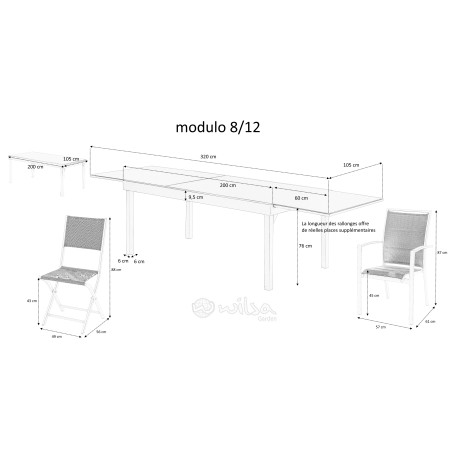 Salon de jardin Ensemble Modulo T 8/12 + F 8 Alu Gris Wilsa Garden