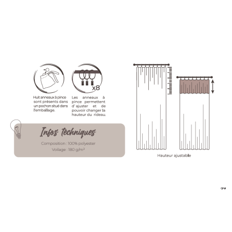 Lot de 2 voilages ajustables + 8 anneaux pince 140 x 270 cm Polyester effet lin "Nia" Le fil d'Ariane