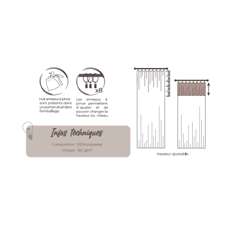 Voilage ajustable + 8 anneaux pince 140 x 270 cm Polyester effet maille "Freya" Le fil d'Ariane