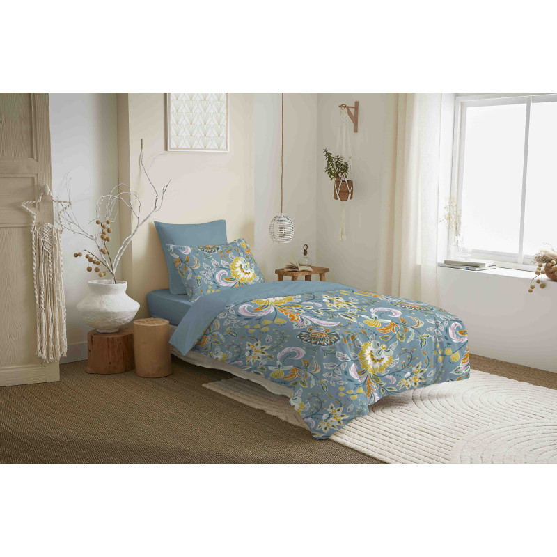 Pack complet housse de couette réversible "Vanessa" 4 pièces pour lit 90 x 190 Bergame Turquoise