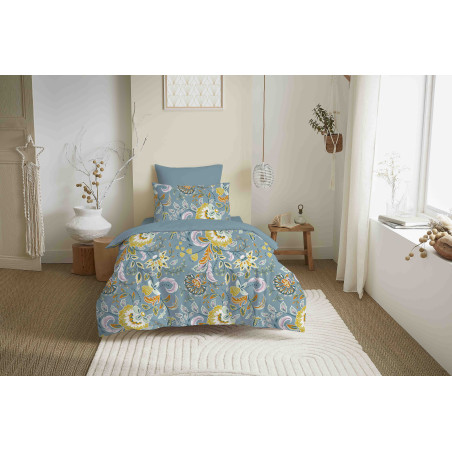 Pack complet housse de couette réversible "Vanessa" 4 pièces pour lit 90 x 190 Bergame Turquoise
