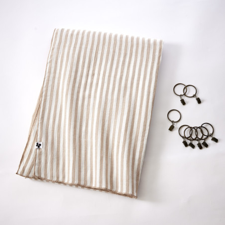 Rideau ajustable + 8 anneaux pince "Romie Ficelle" 140 x 300 cm Gaze de Coton tissé teint l'Effet Papillon