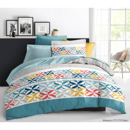 Parure de couette 3 Pièces réversible 260 x 240 cm King Size "Blueberry Bleu" Coton Pur