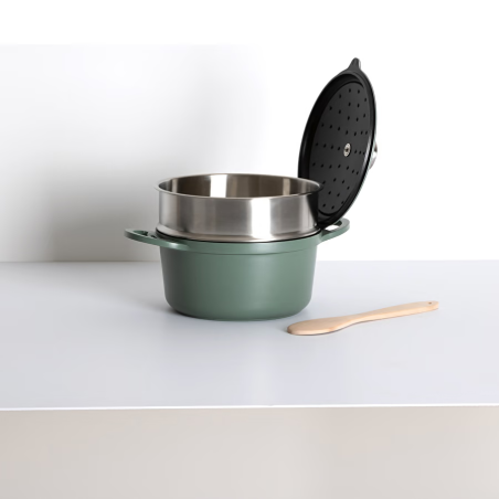 Cocotte avec panier et ustensile 24 cm fonte d'aluminium 4.5 litres Vert Olive