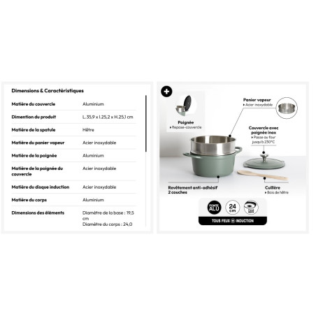 Cocotte avec panier et ustensile 24 cm fonte d'aluminium 4.5 litres Vert Olive