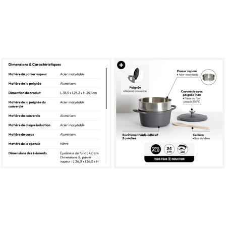 Cocotte avec panier et ustensile 24 cm fonte d'aluminium 4.5 litres Gris