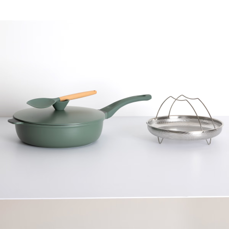 Sauteuse avec panier et ustensile 28 cm fonte d'aluminium Vert Olive
