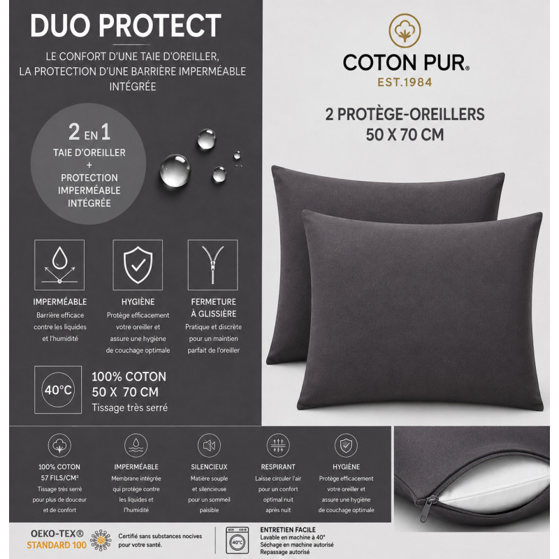 Lot de 2 taies d'oreiller "DuoProtect" avec technologie imperméable intégrée