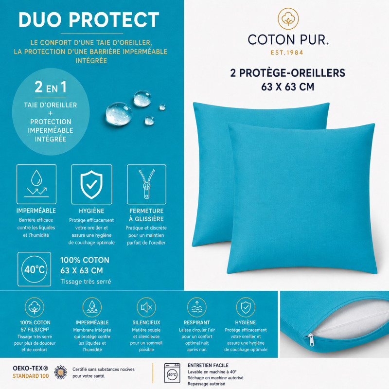 Lot de 2 taies d'oreiller "DuoProtect" avec technologie imperméable intégrée
